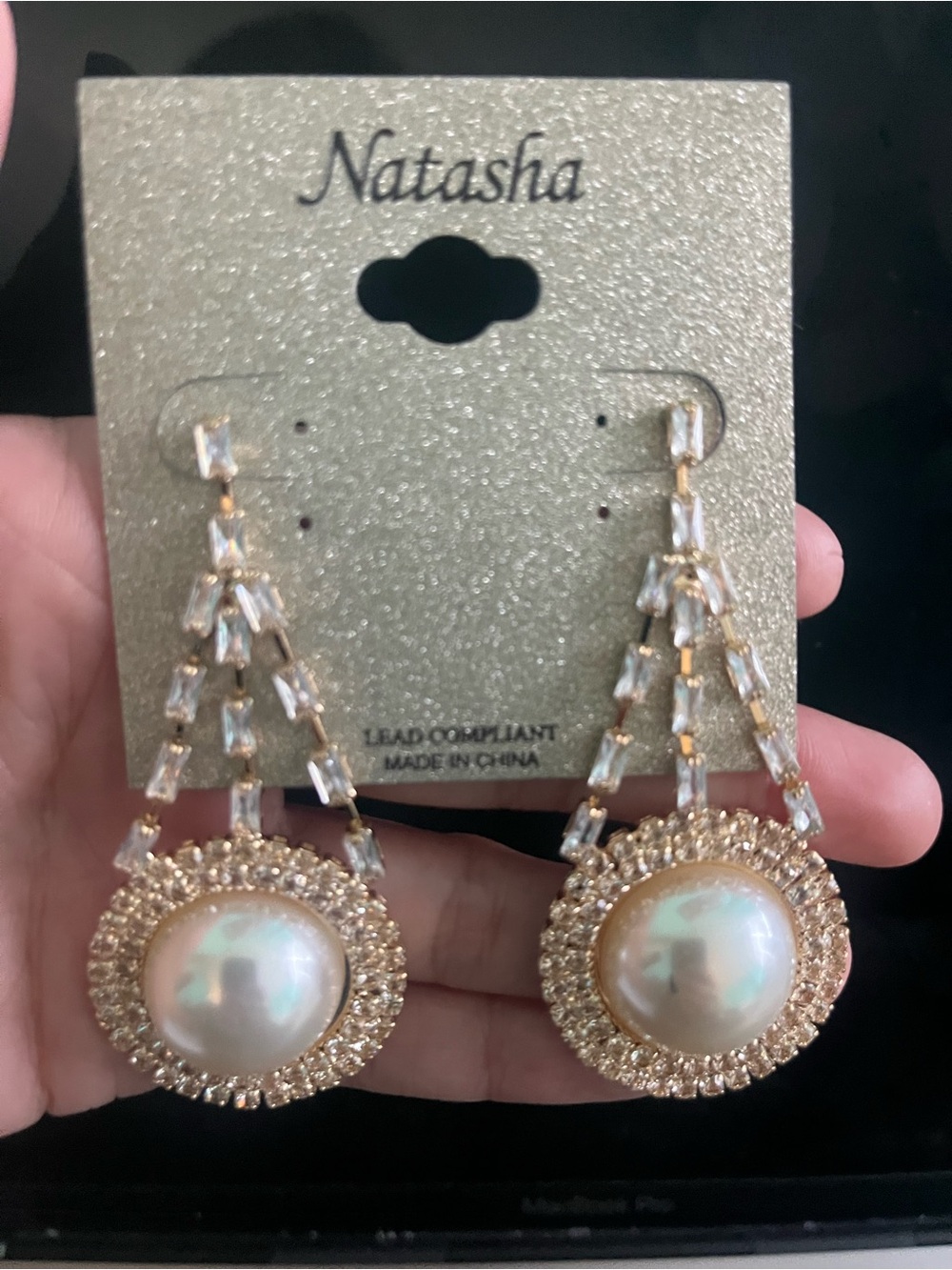 Natasha Couture Gold and Pearl Drop Earrings with Crystal Strands